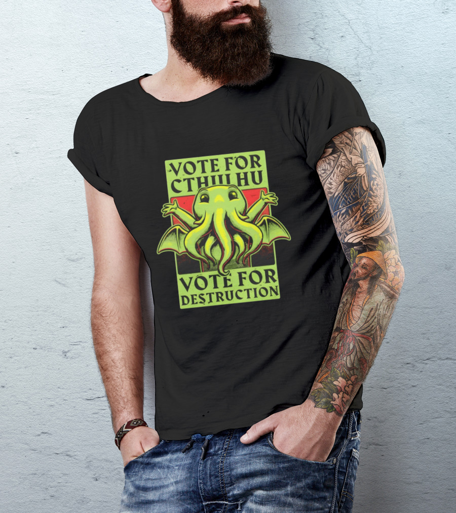 Vote For Cthulhu For Destruction Cartoon Alien Creature With Tentacles And Wings T-Shirt
