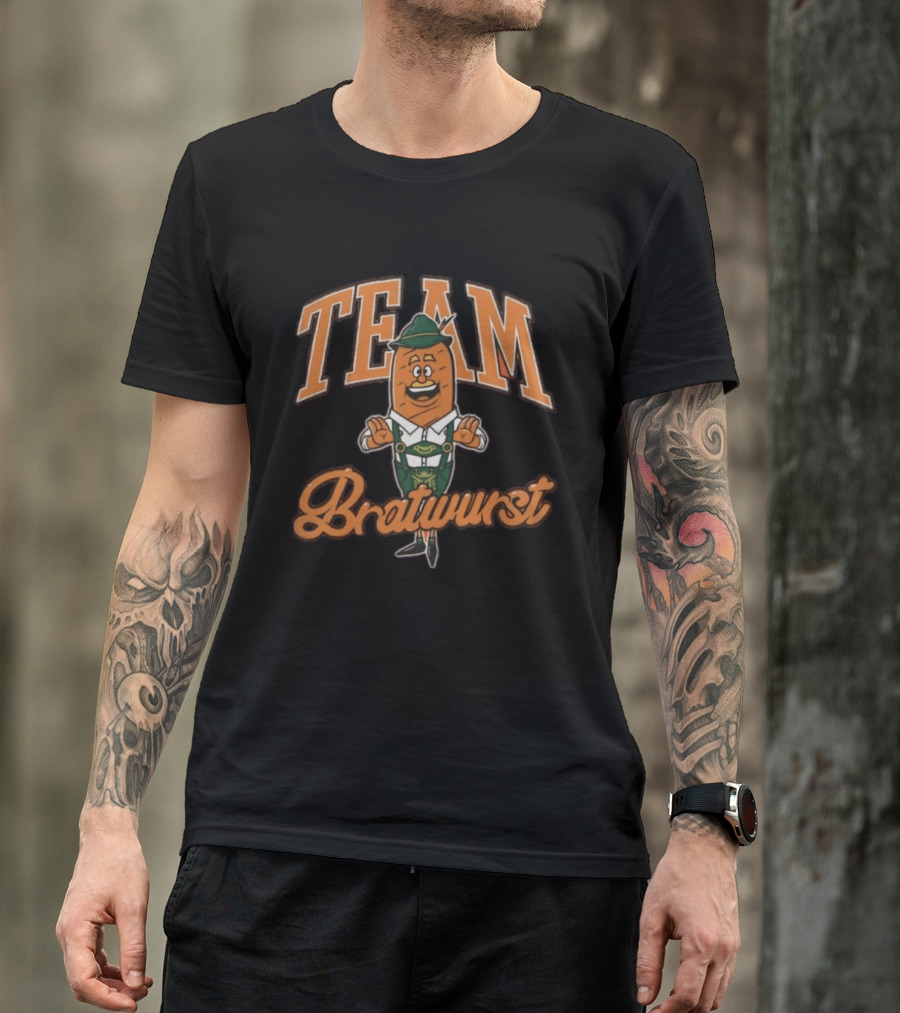 Team Bratwurst Burnt Orange Oktoberfest Character Lederhosen T-Shirt