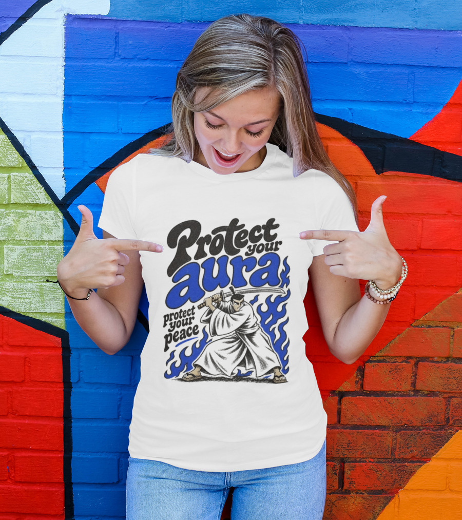 Protect Your Aura Samurai Protect Your Peace Blue Flames T-Shirt