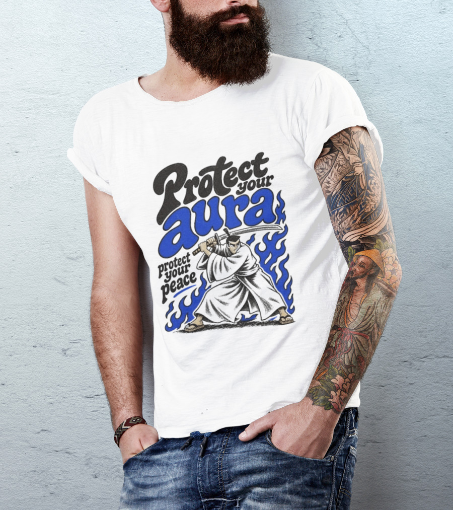 Protect Your Aura Samurai Protect Your Peace Blue Flames T-Shirt