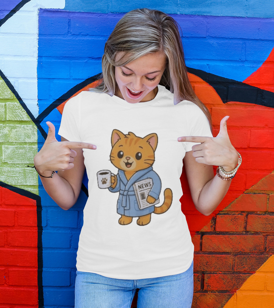 Cat In Bathrobe With Coffee And Newspaper T-Shirt