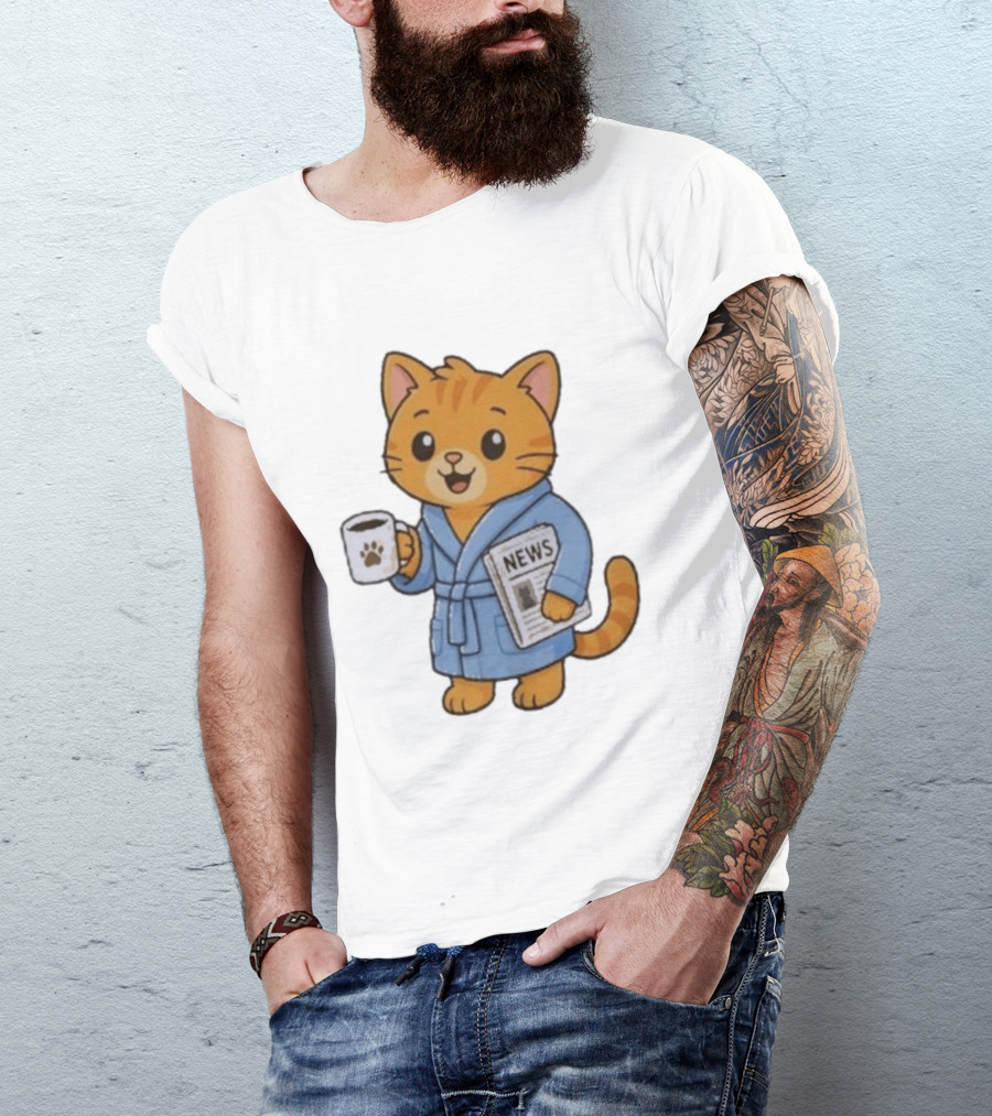 Cat In Bathrobe With Coffee And Newspaper T-Shirt