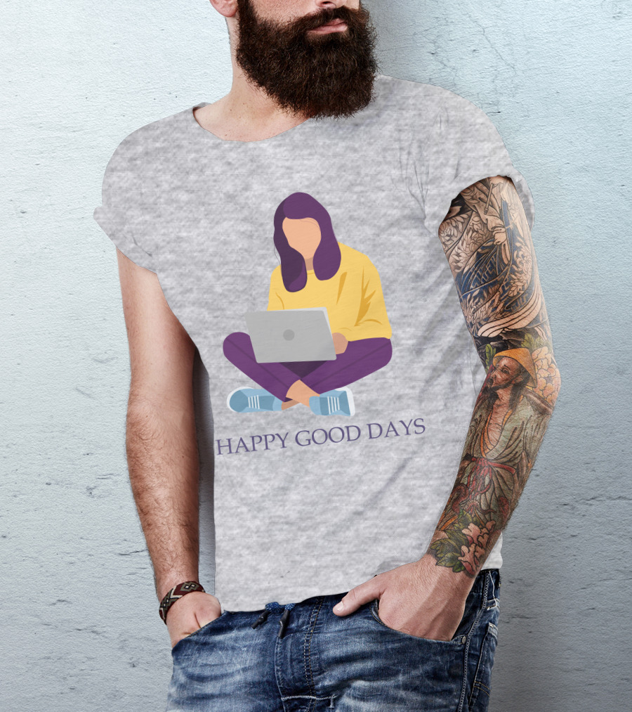 HAPPY GOOD DAYS Laptop Sitting Woman T-Shirt