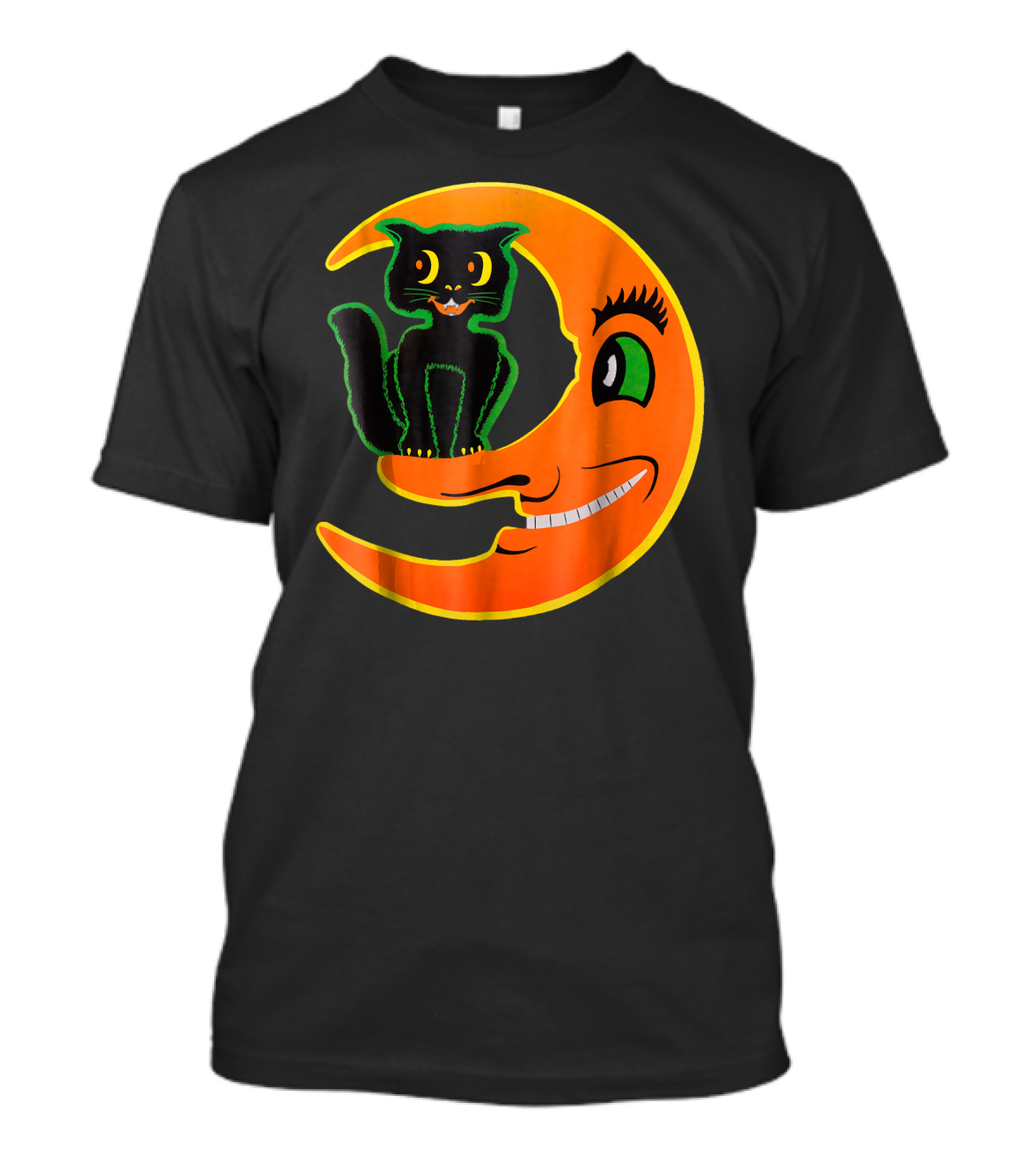 Funny Halloween Cat On Smiling Moon T-Shirt