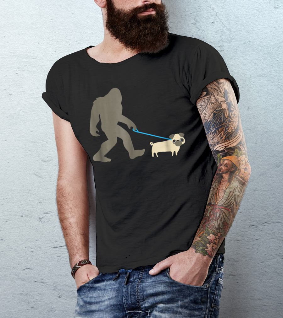 Bigfoot Walking Pug Funny Cute Sasquatch Dog Leash T-Shirt