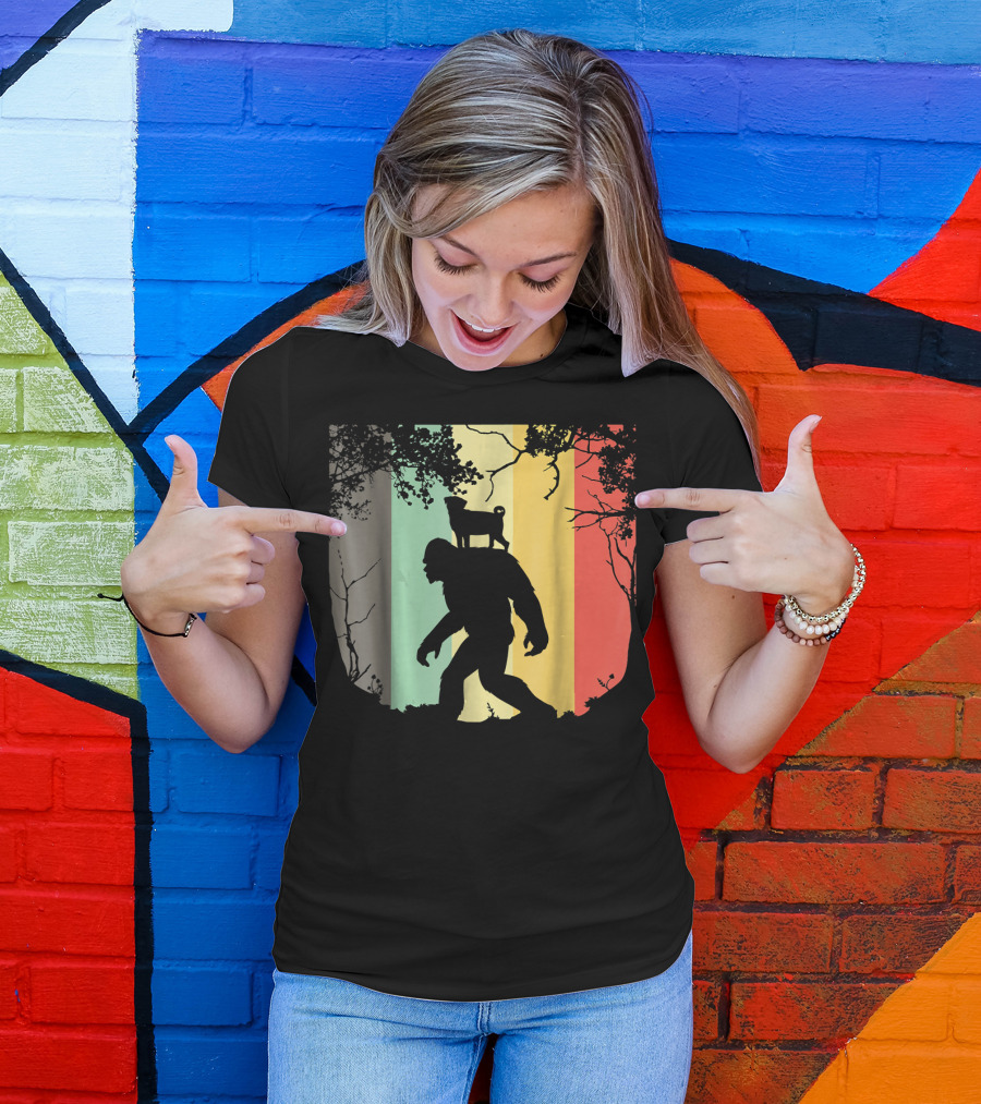 Pug Riding Bigfoot Vintage Retro Sunset Stripes T-Shirt