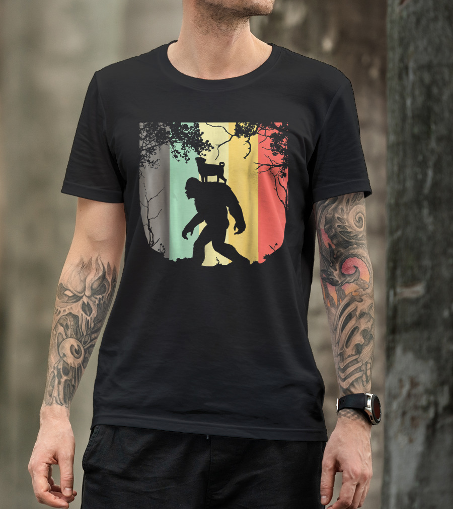 Pug Riding Bigfoot Vintage Retro Sunset Stripes T-Shirt