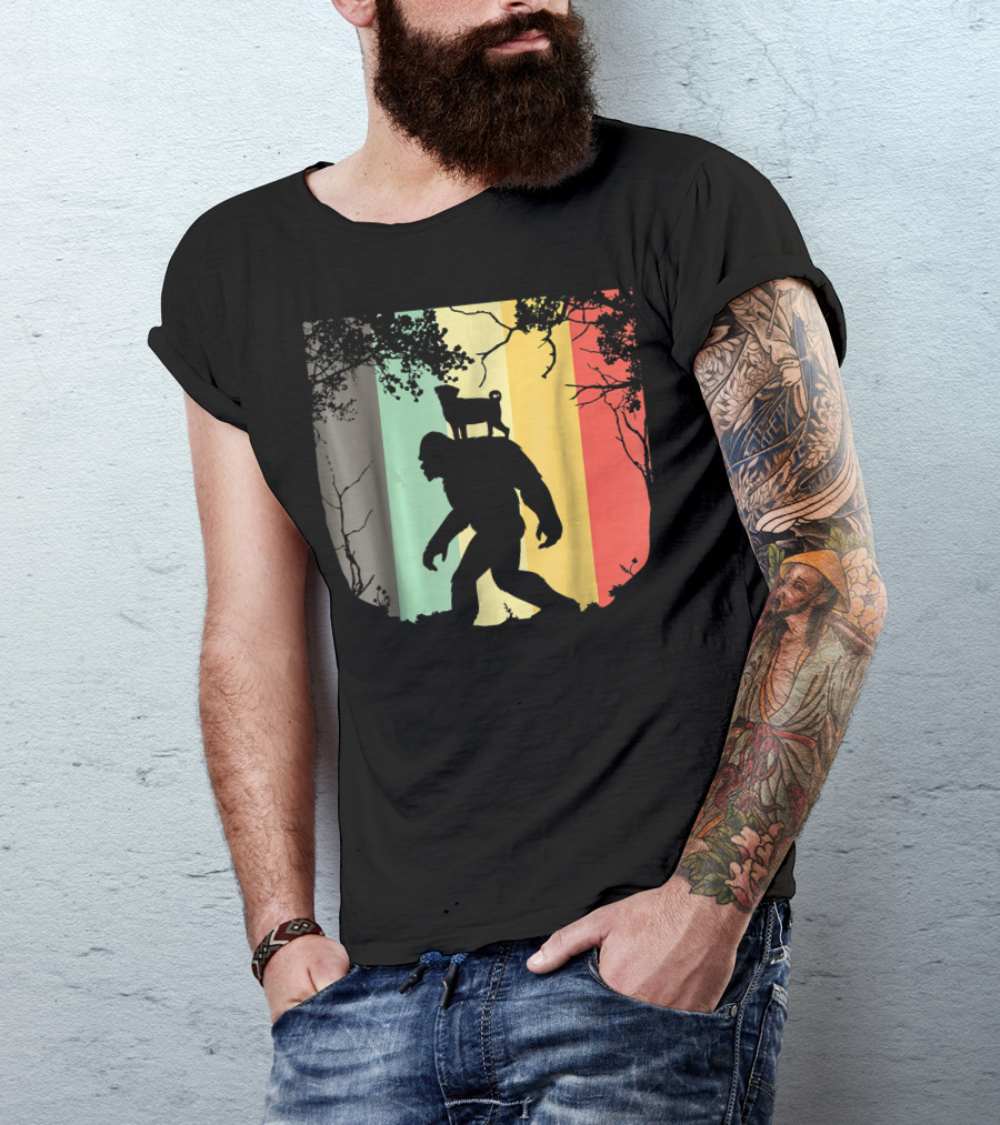 Pug Riding Bigfoot Vintage Retro Sunset Stripes T-Shirt