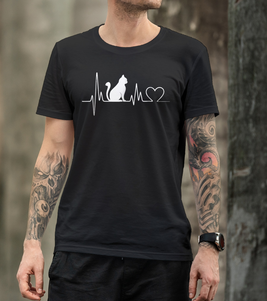 Cat Heartbeat With Heart Outline And Cat T-Shirt