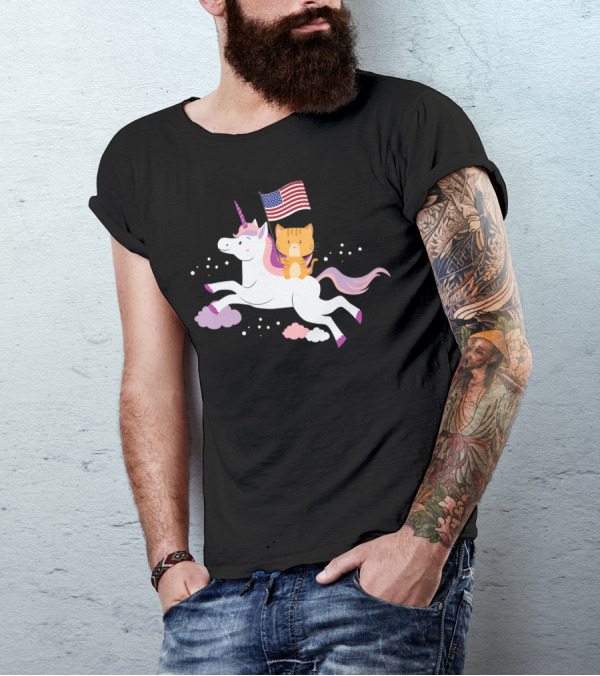 Unicorn Cat 4th Of July Independence Day USA Flag T-Shirt