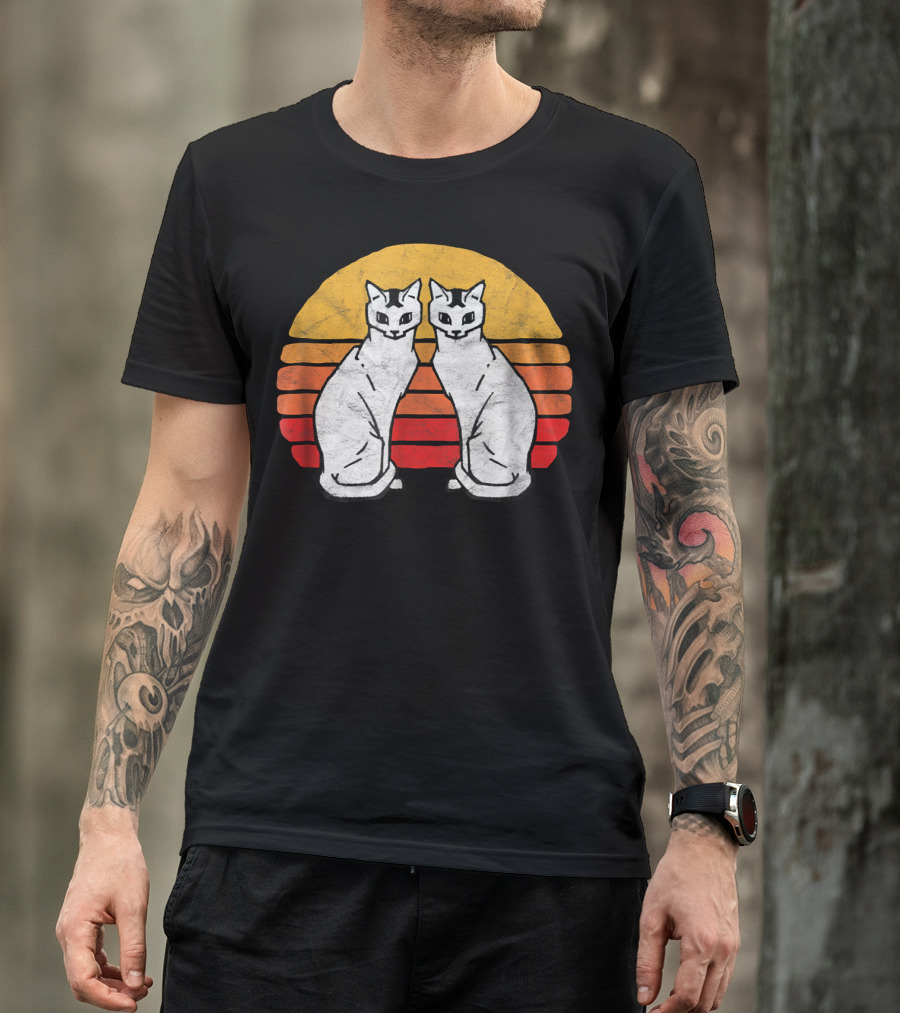 Vintage Eighties Style Twin Siamese Cats With Retro Sunset Stripes T-Shirt