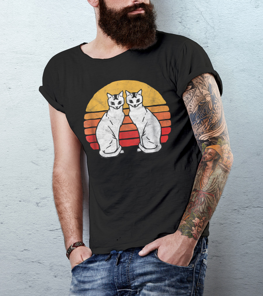Vintage Eighties Style Twin Siamese Cats With Retro Sunset Stripes T-Shirt