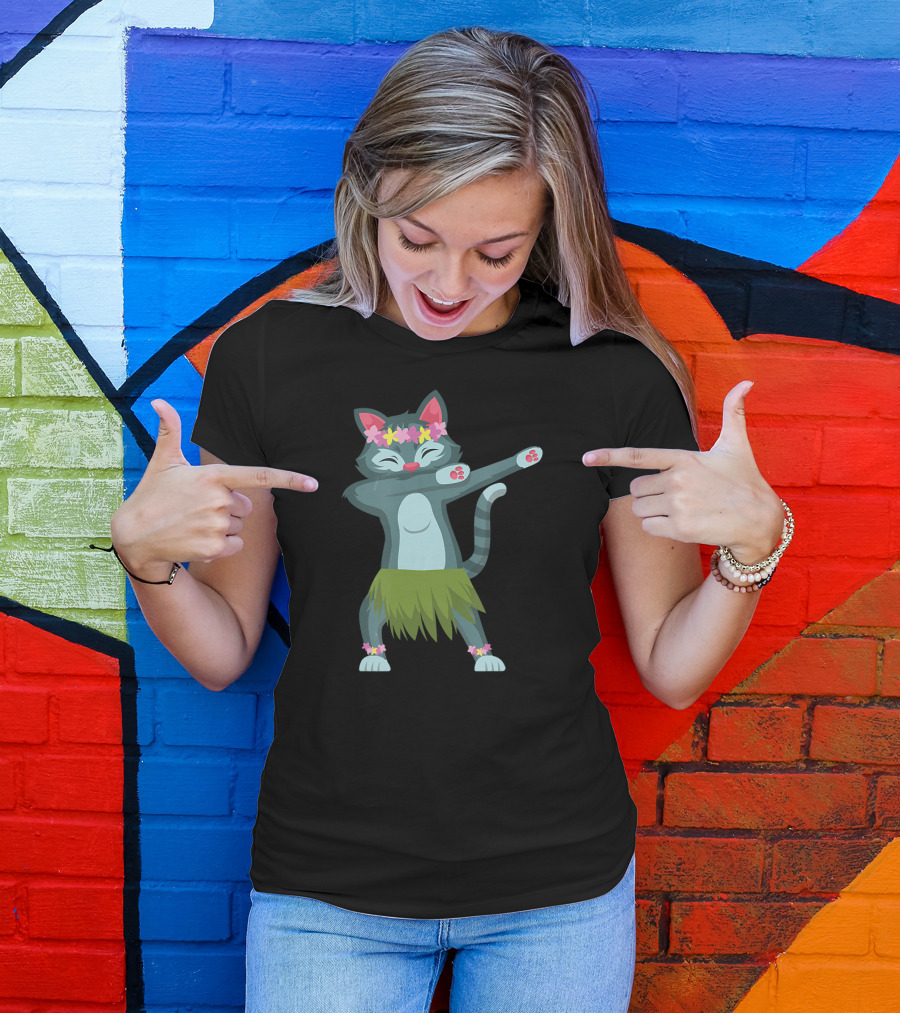 Aloha Cat Hawaiian Dance Mele Kalikimaka Hula Kitty With Floral Crown And Grass Skirt T-Shirt