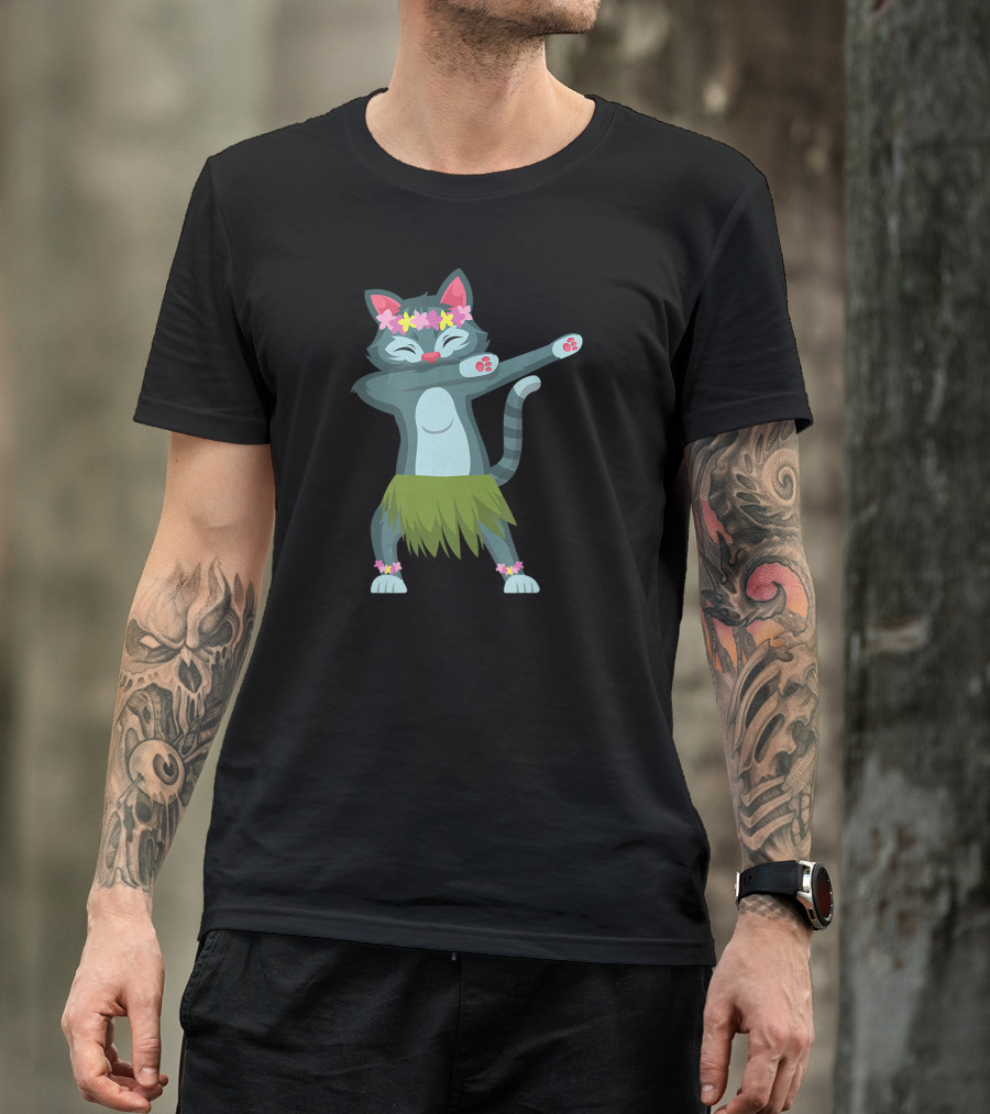 Aloha Cat Hawaiian Dance Mele Kalikimaka Hula Kitty With Floral Crown And Grass Skirt T-Shirt