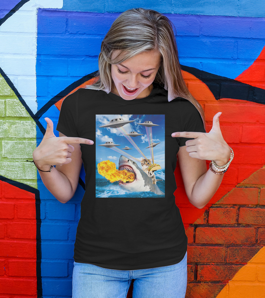 Cat Riding Fire Breathing Shark With UFO Rainbow Lasers And Taco T-Shirt