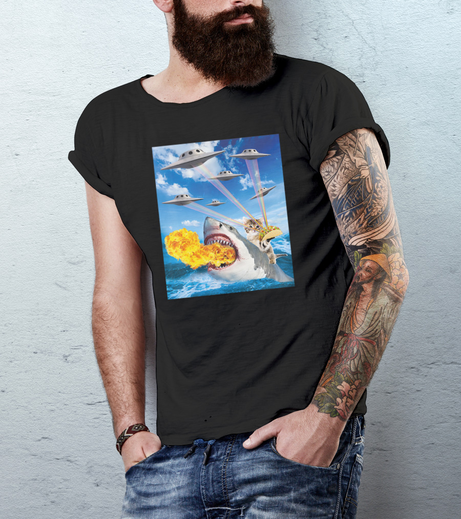 Cat Riding Fire Breathing Shark With UFO Rainbow Lasers And Taco T-Shirt