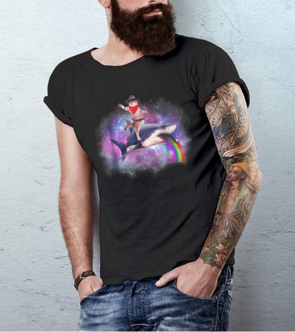 Space Cat Cowboy Riding Rainbow Shark In Galaxy T-Shirt