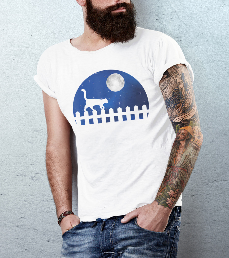 Cat Cat Moon Night Sky Walking Fence T-Shirt