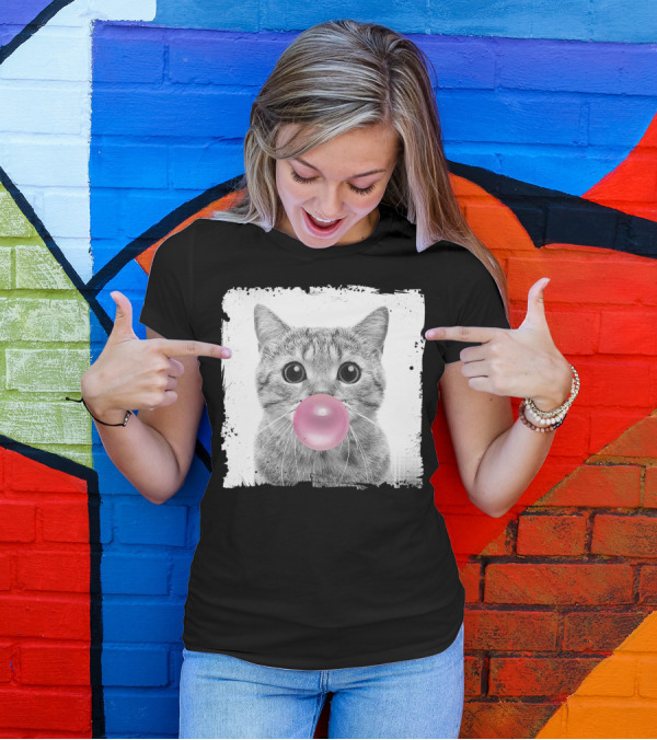 Cute Cat Blowing Pink Bubble Gum For Animal Lover Black And White Sketch T-Shirt