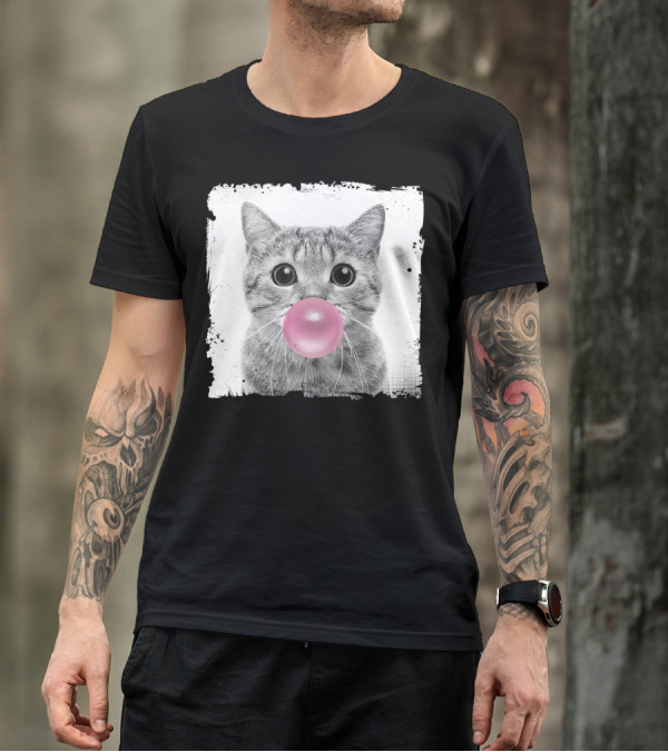 Cute Cat Blowing Pink Bubble Gum For Animal Lover Black And White Sketch T-Shirt