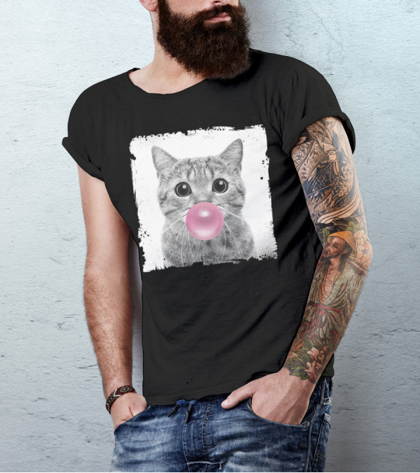 Cute Cat Blowing Pink Bubble Gum For Animal Lover Black And White Sketch T-Shirt