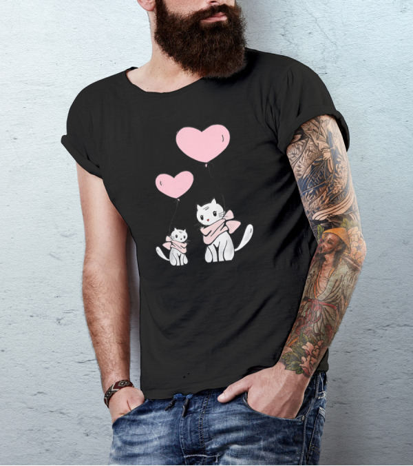 CUTE CATS Wearing Scarves Holding Pink Heart Balloons T-Shirt