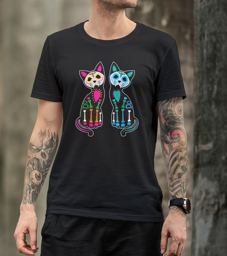 Day Of The Dead Sugar Skull Skeleton Cats T-Shirt