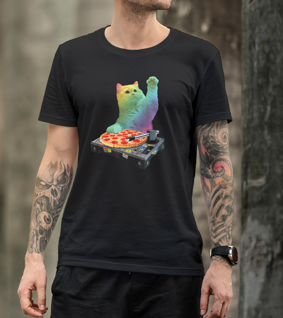 DJ Cat EDM Pizza Turntable Colorful Kitty Music Fun T-Shirt