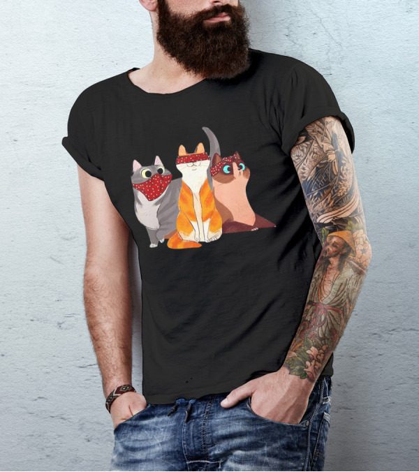 Polka Dot Bandana-Wearing Funny Cats Trio For Lovers T-Shirt