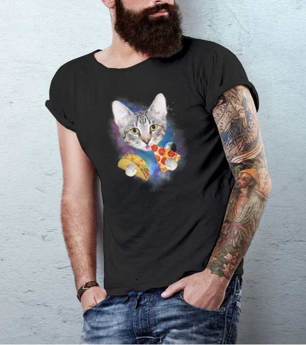 Funny Space Cat Eating Pizza And Taco In Galaxy T-Shirt