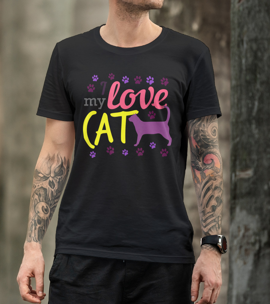 I Love My Cat Feline Owner Cute Pet Purple Paw Prints T-Shirt