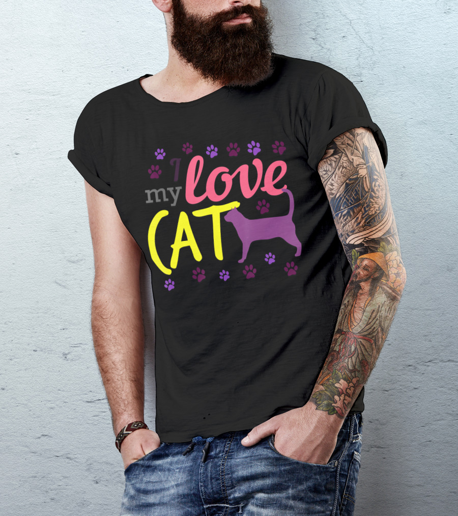 I Love My Cat Feline Owner Cute Pet Purple Paw Prints T-Shirt