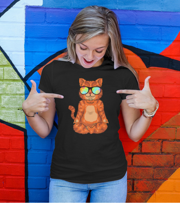 Meditating Cat In Colorful Sunglasses Yoga Pose Cute Drawing T-Shirt