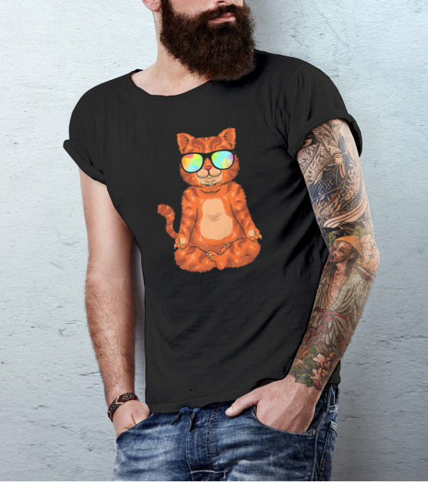 Meditating Cat In Colorful Sunglasses Yoga Pose Cute Drawing T-Shirt
