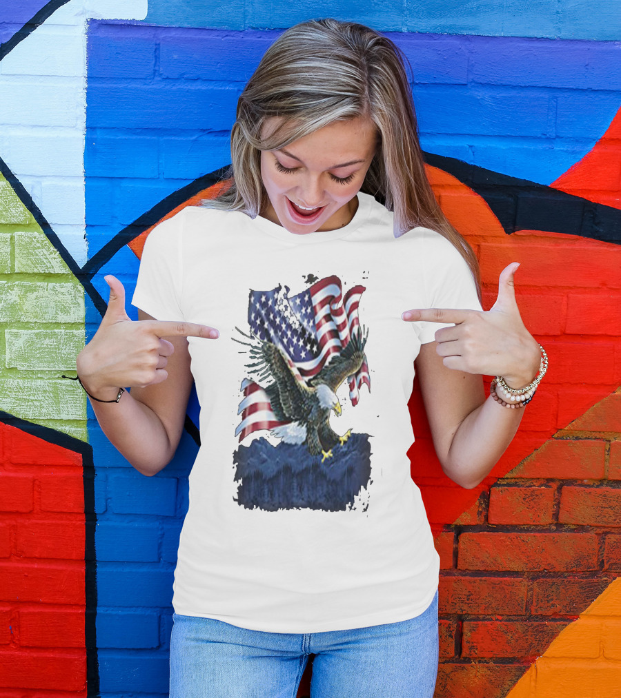 Bald Eagle Over Mountains With American Flag Background T-Shirt