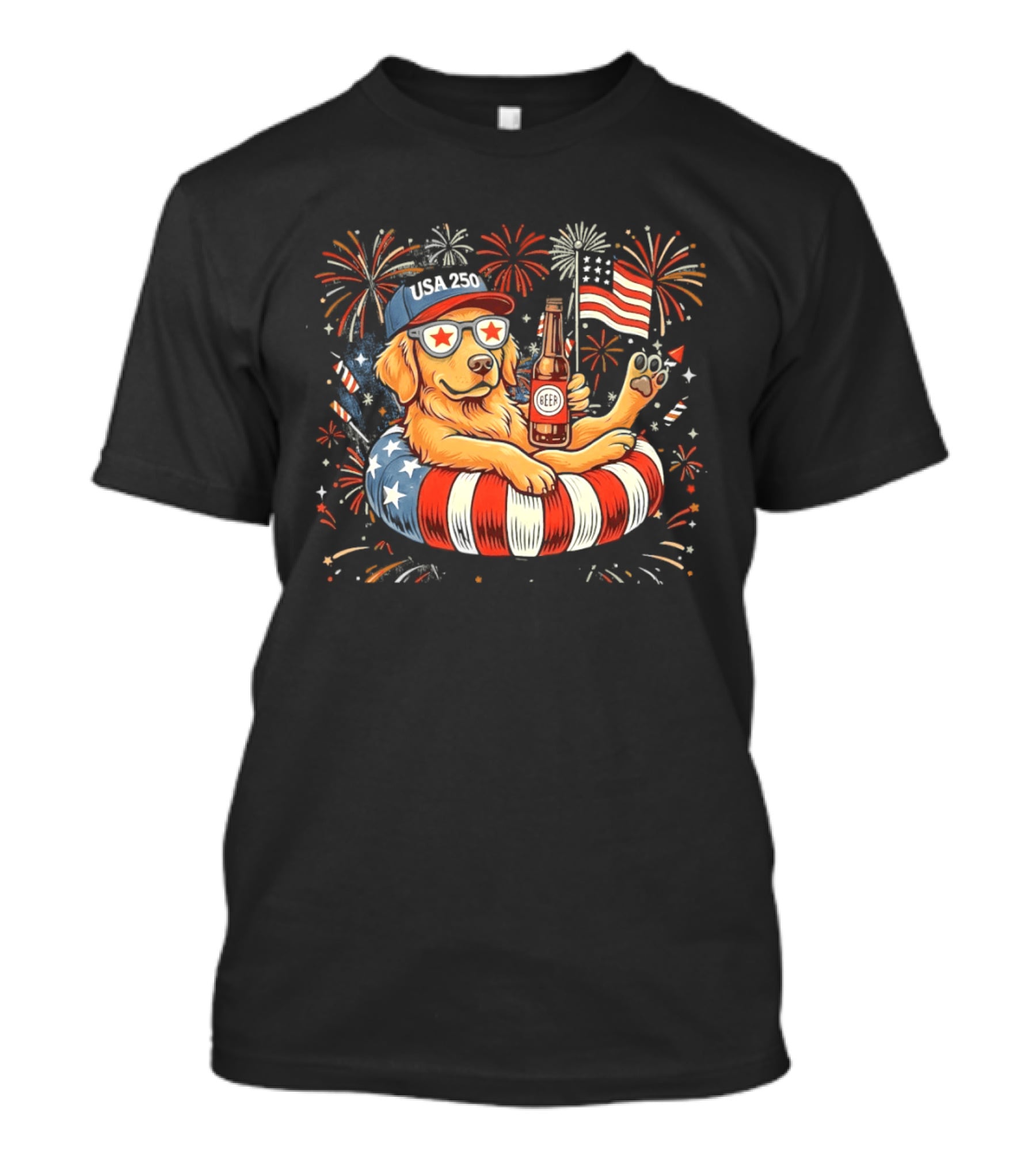 Golden Retriever Beer USA 250 Fireworks American Flag 4th Of July T-Shirt