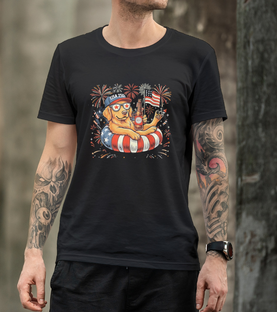 Golden Retriever Beer USA 250 Fireworks American Flag 4th Of July T-Shirt