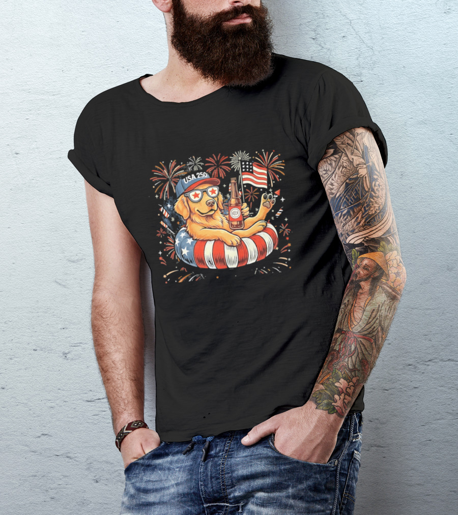 Golden Retriever Beer USA 250 Fireworks American Flag 4th Of July T-Shirt
