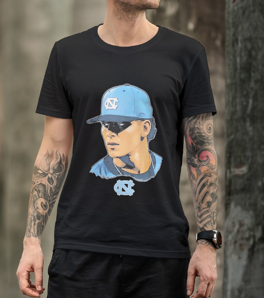 UNC Tar Heels Baseball Portrait Comic Style Navy Blue Cap T-Shirt