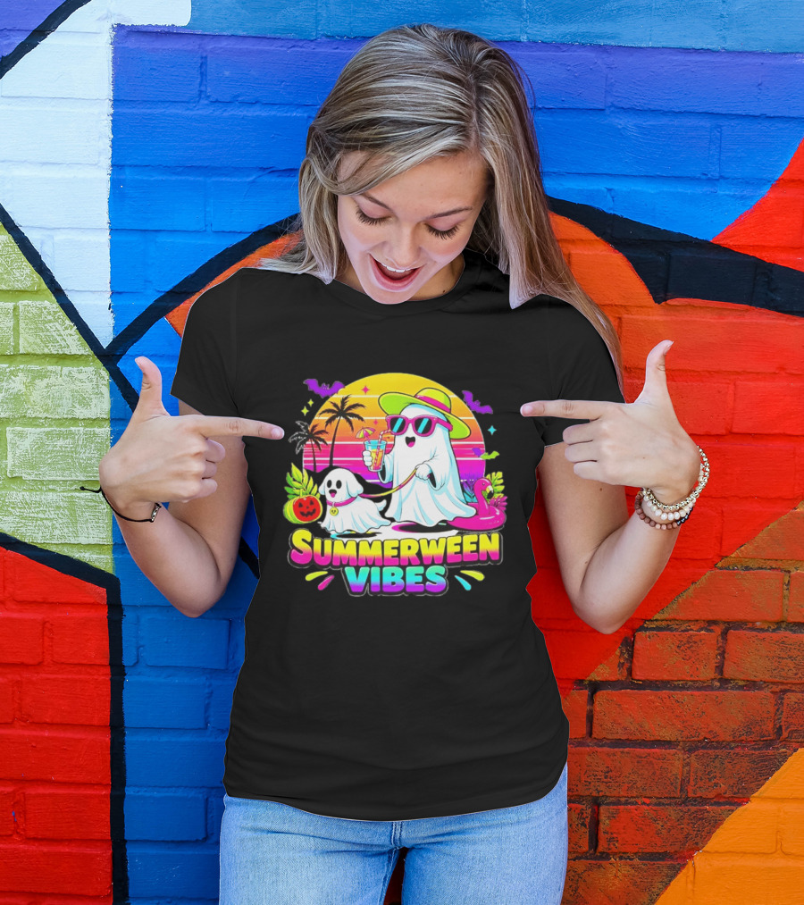 Summerween Vibes Ghost Walking Dog Retro Sunset Tropical Beach Party T-Shirt