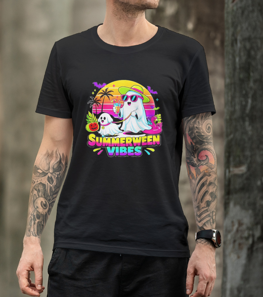 Summerween Vibes Ghost Walking Dog Retro Sunset Tropical Beach Party T-Shirt