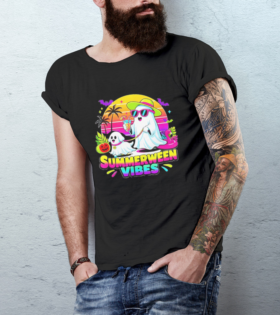 Summerween Vibes Ghost Walking Dog Retro Sunset Tropical Beach Party T-Shirt