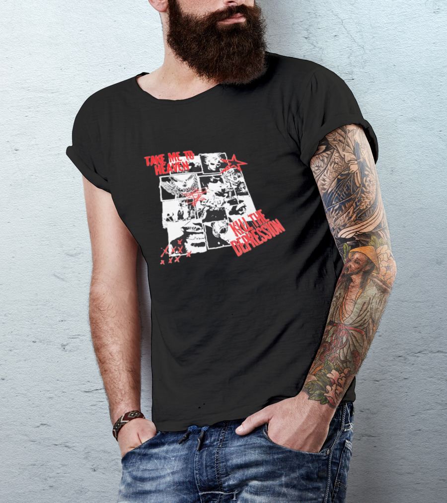 Take Me To Heaven Kill The Depression Kurt Cobain Nirvana Punk Rock Concert Collage T-Shirt