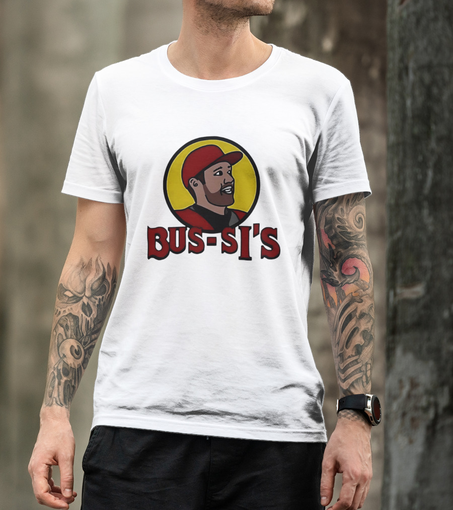 Bus Si's Baseball Player Cartoon Logo Design White T-Shirt