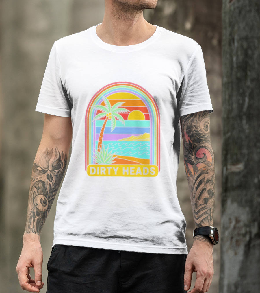 Dirty Heads Tropical Beach Palm Tree Rainbow Arch Sunset T-Shirt