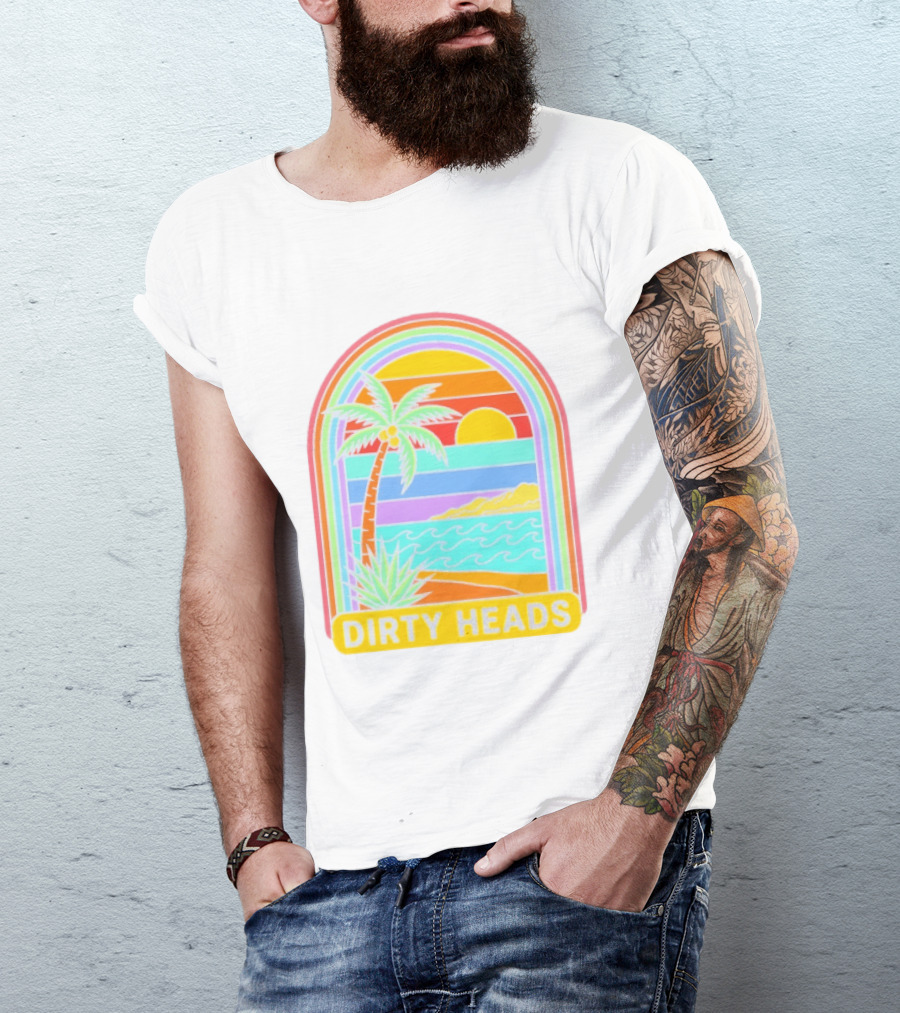 Dirty Heads Tropical Beach Palm Tree Rainbow Arch Sunset T-Shirt