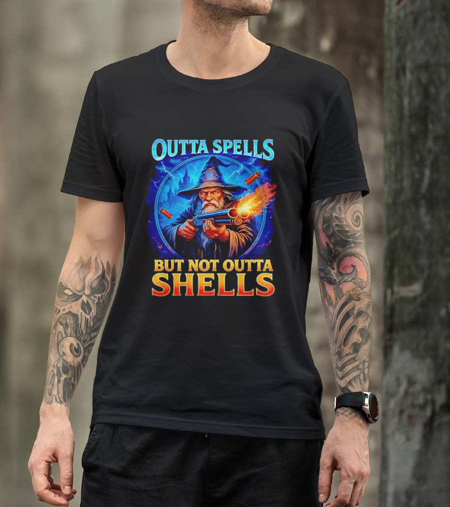 Outta Spells But Not Outta Shells Wizard With Gun Fantasy Humor T-Shirt
