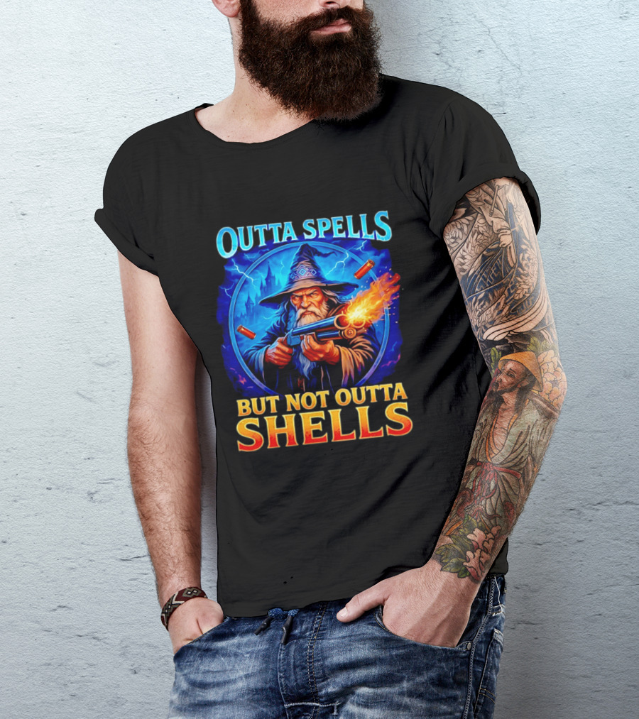 Outta Spells But Not Outta Shells Wizard With Gun Fantasy Humor T-Shirt
