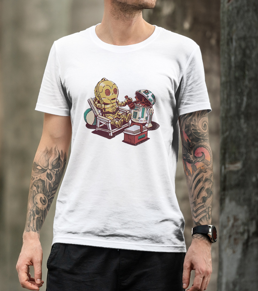 Stay Buddy Two Robots Relaxing Beach Chair Sci Fi Humor T-Shirt