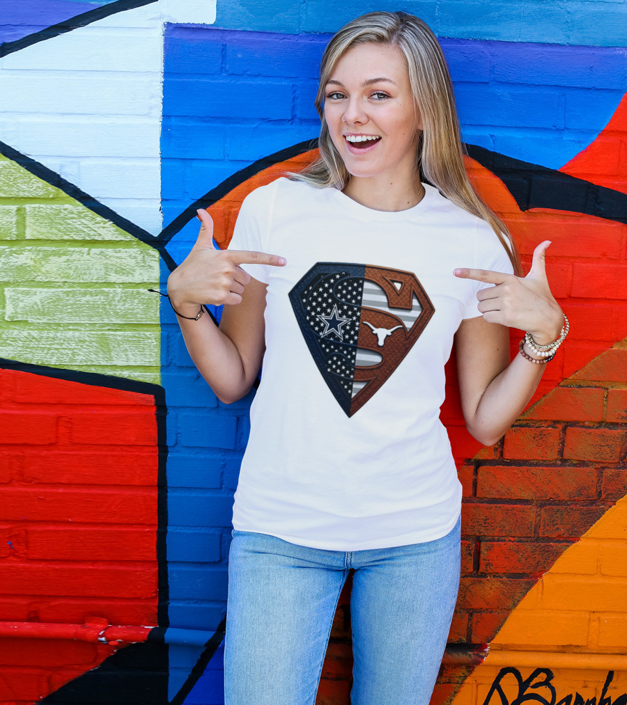 Dallas Cowboys Texas Longhorns Superman Shield Split Dual Icon Emblems T-Shirt